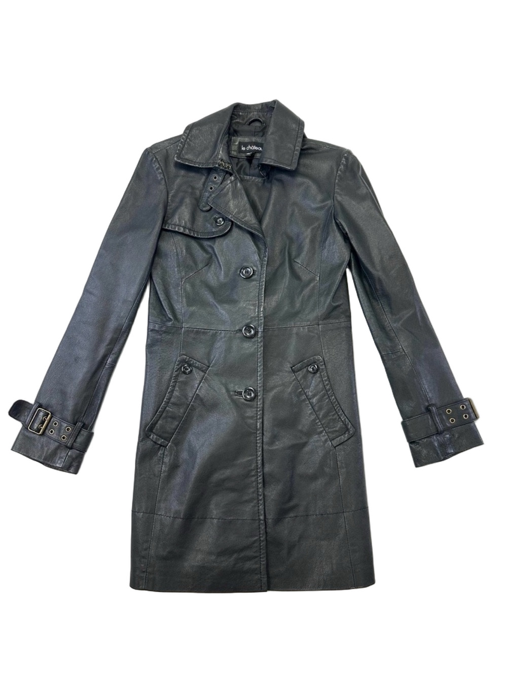 90s Vintage leather womens trench coat Le chateau buckle fitted small jacket